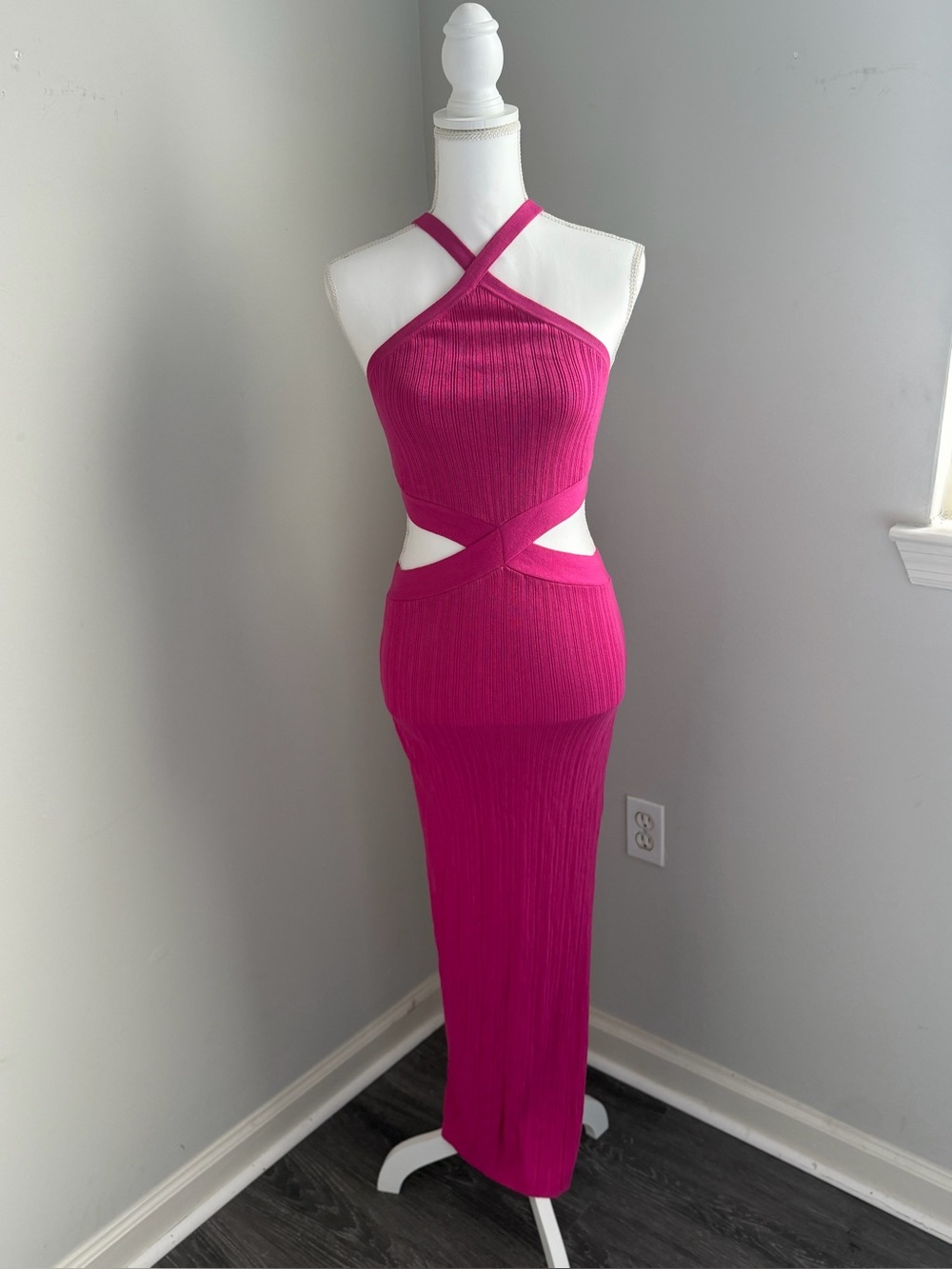 Fuchsia Halter Cutout Maxi Dress with Crossed Waist